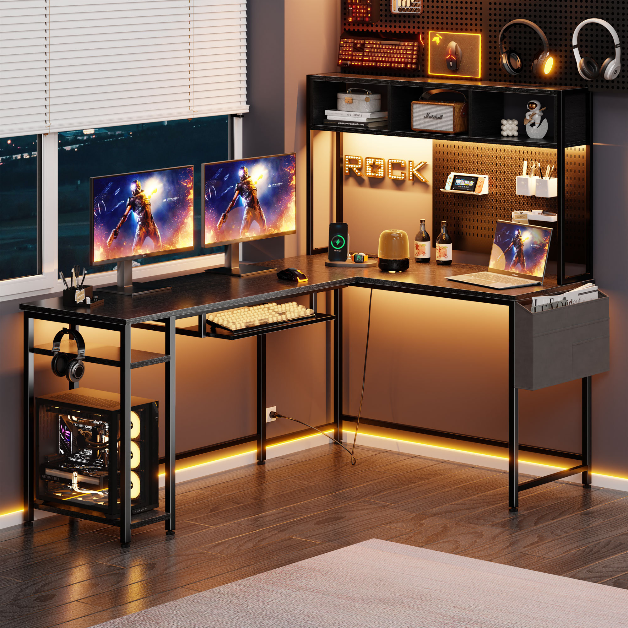 Inbox Zero Masahide L Shaped Reversible Computer Desk with Keyboard Tray and Hutch for Home Office Reviews Wayfair